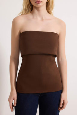 Kahverengi Straplez Yaka Yandan Fermuarl? Krep Orme Bluz TWOSS23BZ00928