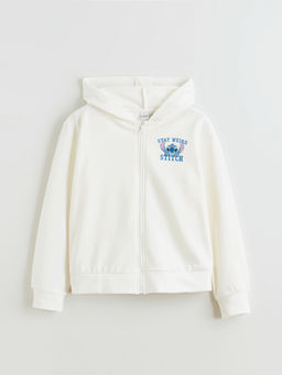 Kap??onlu Stitch Bask?l? K?z ?ocuk Fermuarl? Sweatshirt
