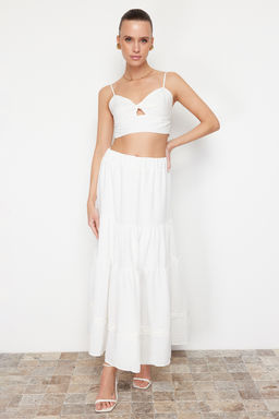 Ekru Etek Ucu Dantel Detayl? Keten Gorunumlu Klos Maxi Dokuma Etek TWOSS24ET00170