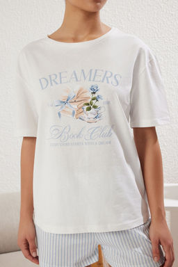 Trendyolmilla Ekru-Mavi %100 Pamuklu Cizgili Bask?l? Sortlu Orme Pijama Tak?m? THMSS25PT00214 фото 3