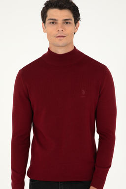 Erkek Slim Fit Yar_m Bo_azl_ Bordo Basic Kazak