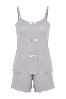 Trendyolmilla Ac?k Pembe Kurdele/Fiyonk Detayl? Ip Ask?l? Fitilli Sortlu Orme Pijama Tak?m? THMSS24PT00356  фото 15