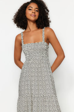 Beyaz Puantiyeli Duz Kesim Ask?l? Kare Yaka Gipe Detayl? Dokuma Midi Elbise TWOSS23EL02444