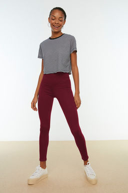 Bordo Toparlay?c? Beli Lastikli Yuksek Bel Esnek Orme Tayt TWOAW20TA0087