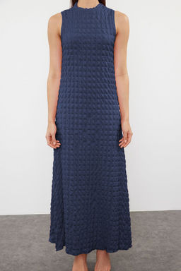 Indigo Duz Dokulu A Kesim/Can Form Bisiklet Yaka Dokulu Maxi Elbise TWOSS24EL00683