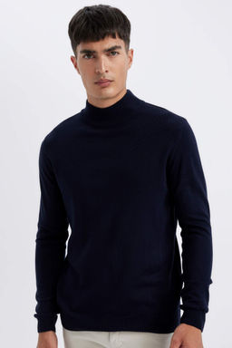 Lacivert Slim Fit Dar Kesim Yar?m Bal?kc? Yaka Basic Duz Triko Kazak - Defacto фото 3