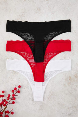 Siyah-Beyaz-K?rm?z? 3lu Leopar Desenli Dantel Tanga Orme Kulot THMAW26KU00050 - Trendyolmilla фото 5