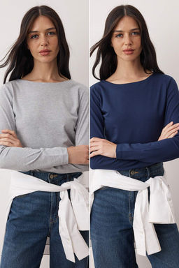 Trendyolmilla Siyah-Ekru Ikili Paket Kay?k Yaka Fitted/Vucuda Oturan Orme Bluz TWOAW25BZ00062  фото 7
