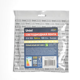 ULS-M13-2835-120LED/m-8mm-IP20-DC12V-9,6W/m-5M-3000K PROFI Гибкая светодиодная лента на самоклеящейся основе. Катушка 5м. в герметичной упаковке. Теплый белый свет(3000К). ТМ Uniel.