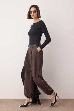 Kahverengi Yuksek Bel Dokuma Salvar Pantolon TWOAW26PL00169 - Trendyolmilla фото 2