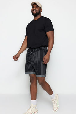 Buyuk Beden Siyah Regular Rahat Cizgili %100 Pamuk Sort TMNSS23SR00045