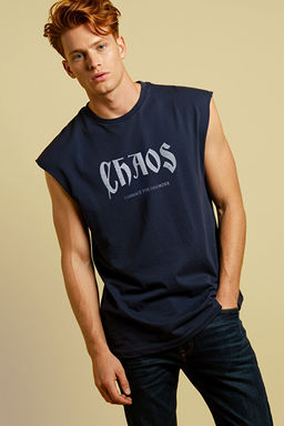 Lacivert Oversize/Geni_ Kesim Chaos Bask_l_ %100 Pamuk Atlet TMNSS25AL00006