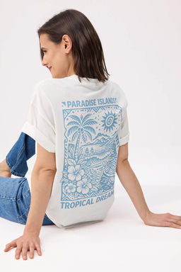 Ekru Bask?l? Oversize/Genis Kal?p Dusuk Kol K?sa Kollu Tok %100 Pamuk Orme T-Shirt TWOSS26TS00160