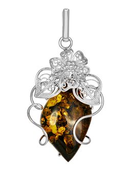 Роскошная крупная подвеска из натурального сверкающего янтаря зеленого цвета Филигрань