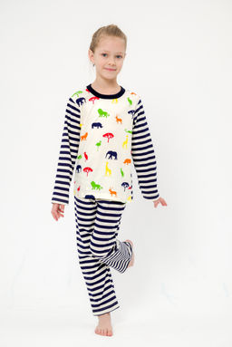Пижама детская из джемпера и брюк без манжет из интерлока Сафари темно-синий полоса - Амадэль фото 27