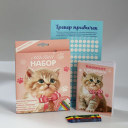 Подарочный набор, блокнот-раскраска А6, трекер привычек и восковые мелки Котенок