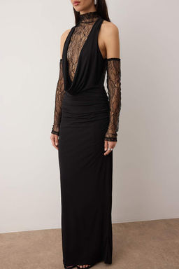 Siyah Dantel Detayl? Derin Degaje Yaka Duz Maxi Abiye & Mezuniyet Elbisesi TPRAW26AE00014 - Trendyolmilla фото 3