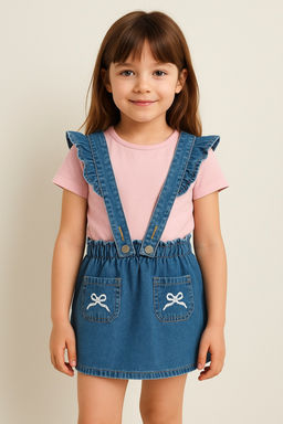 Mavi K?z Cocuk %100 Pamuk Kurdele Detayl? Denim Salopet TKDSS25SE00004