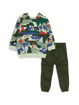 Kap??onlu Uzun Kollu Bask?l? Erkek Bebek Sweatshirt ve E?ofman Alt 2li Tak?m