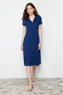 TRENDYOLMILLA Lacivert Polo Yaka Skater/Belden Ac?lan Pamuklu Esnek Orme Midi Elbise TWOSS24EL00480 фото 8