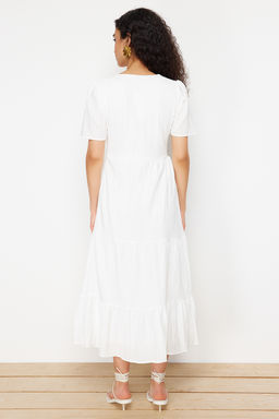TRENDYOLMILLA Ekru Etegi Belden Ac?lan Kruvaze Yaka Astarl? Maxi Dokuma Elbise TWOSS24EL00693  фото 5