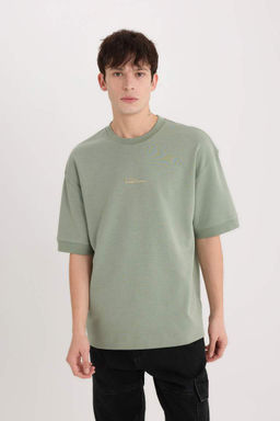 Loose Fit Bisiklet Yaka Bask?l? Ag?r Kumas Tisort - Defacto фото 2