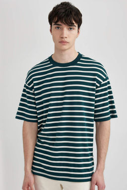 Comfort Regular Fit Rahat Kesim Bisiklet Yaka Cizgili Ag?r Kumas K?sa Kollu Tisort - Defacto фото 3