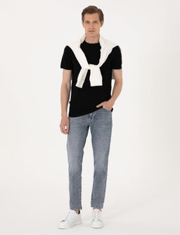 Siyah Slim Fit Keten Kar___ml_ Bisiklet Yaka Triko Ti__rt