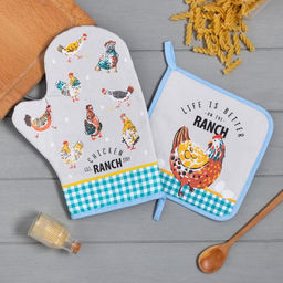 Кухонный набор Этель Chicken Ranch: варежка-прихватка 20х28 см, прихватка 19х19 см, 100% хлопок