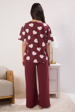 Trendyolmilla Bordo-Cok Renkli %100 Pamuklu Kalpli ve Y?rtmac Detayl? Orme Pijama Tak?m? THMSS25PT00277  фото 8