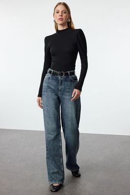 Siyah Fitted/Vucuda Oturan Dik Yaka Balon Kollu Fitilli Esnek Orme Bluz TWOAW25BZ00077