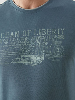 Bisiklet Yaka Bask?l? Penye Biyeli Erkek Ti??rt