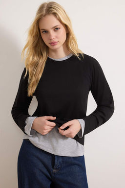 Siyah-Gri 2li Paket %100 Pamuk Bisiklet Yaka Regular/Normal Kesim Orme T-Shirt TWOAW25TS00001