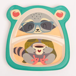 Набор детской бамбуковой посуды Енотик, тарелка, миска, стакан, приборы, 5 предметов - Крошка я фото 3