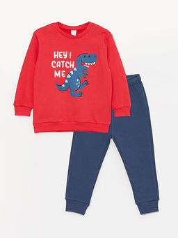 Bisiklet Yaka Uzun Bask?l? Erkek Bebek Sweatshirt ve Pantolon 2li Tak?m