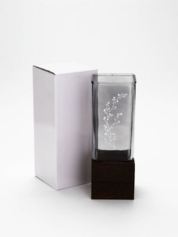 Ваза для цветов стеклянная с деревянной подставкой из темного стекла, 25 х 9 см