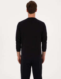 Lacivert Regular Fit Bisiklet Yaka Bask_l_ Sweatshirt