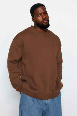 TRENDYOL MAN Kahverengi Buyuk Beden Oversize/Genis Kesim Ici Polar/S?cak Tutan Sweatshirt TMNAW24AO00025