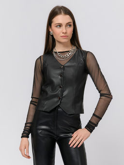 Жилет черного цвета из искусственной кожи на пуговицах