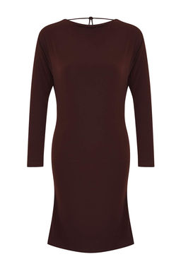Limited Edition Kahverengi S?rt Dekolteli Mini Bodycon Uzun Kollu Esnek Orme Elbise TWOAW26EL00124