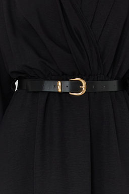 Siyah Kemerli A-line Kruvaze Yakal? Aerobin Midi Dokuma Elbise TWOSS24EL00992