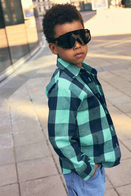 Детская рубашка в клетку с воротником бирюзовая Mini Hippy SAM 046 - Caimano фото 4