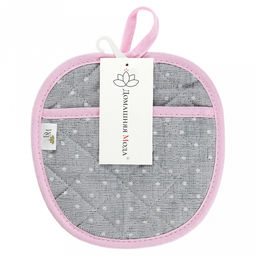 Прихватка с запахом 19х19см "Горошек на льне", форма "Яблоко", рогожка 171г/м2, хлопок 100%, наполнитель - ватин 280г/м2, на пластмассовом подвесе, "Домашняя мода" (Россия)