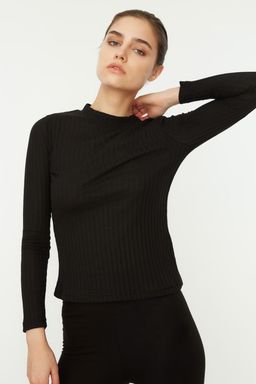 Siyah Dik Yaka Fitilli Esnek Fitted/Vucuda Oturan Orme Bluz TWOAW20BZ0200