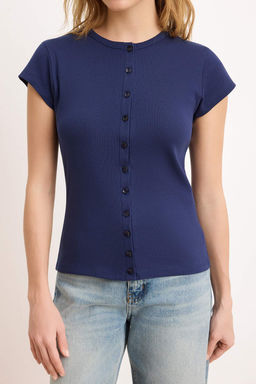 Lacivert Dugmeli Fitted/Vucuda Oturan Orme Bluz TWOSS25BZ00281