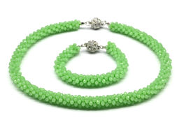 Бусы и браслет из циркона "Жгут" цв.зеленый светлый, 47см, 20см