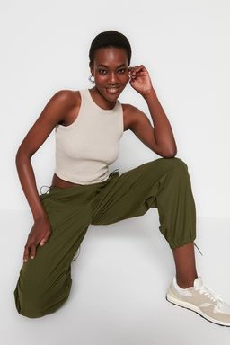 Haki-Bej 2li Paket Fitted/Vucuda Oturan Crop Halter Yaka Fitilli Esnek Orme Atlet TWOSS21AL0058