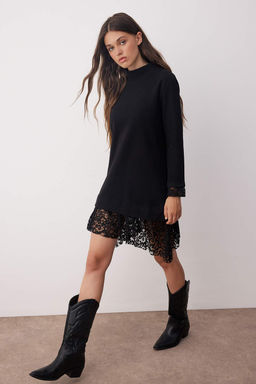 Siyah Dik Yaka Shift/Duz Kesim Uzun Kollu Dantel Garni Detayl? Mini Orme Elbise TWOAW26EL00095