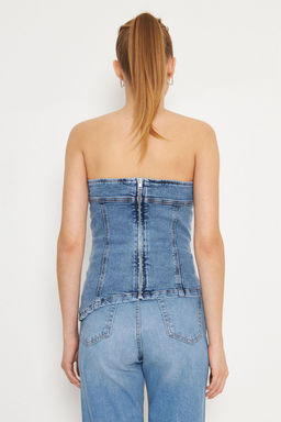 Trendyolmilla Mavi Straplez Yaka Asimetrik Denim Bluz TWOSS25BZ00066