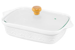 Блюдо д/запекания и сервировки 1,1 л 30*18*13 см "Белый узор" с стекл крышкой на дер подст.